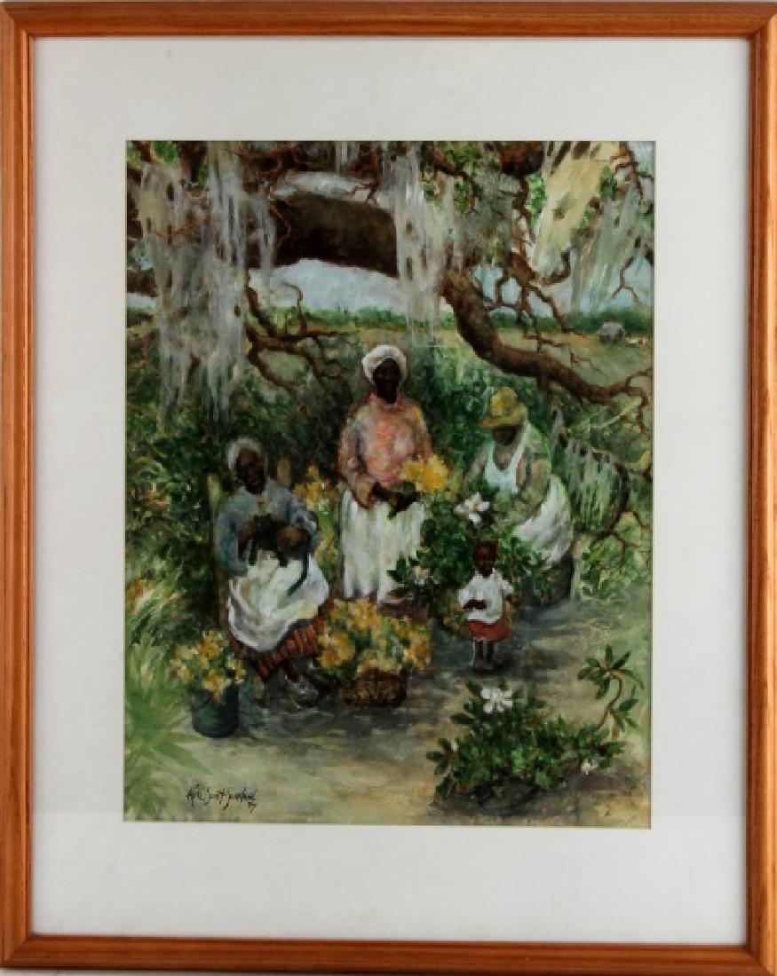 ALICE SCOTT SCANLAND FLOWER PEDDLER WATERCOLOR: Alice Scott Scanland or Alice Scott (1924-2005) American artist well known for her depictions of the South and Black Americana. Watercolor painting of Charleston flower peddlers measures 28 by 24 inch