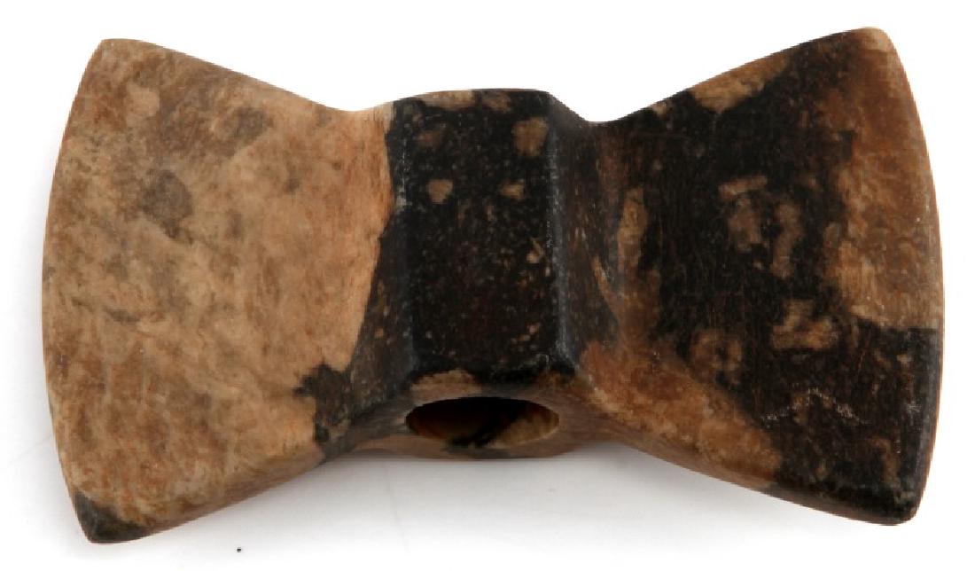NATIVE AMERICAN WOODLAND WINGED BANNERSTONE: Native American made black and tan marbled Porphyry Bannerstone in very good condition measuring 3 1/2 by 2 inches.
