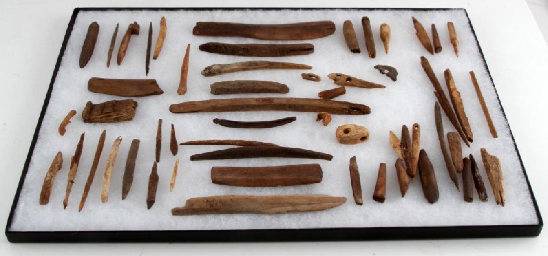 ALASKAN INUIT NATIVE AMERICAN BEACH FOUND ARTIFACT: Frame of a variety of Pacific Northwest and Alaska bone artifacts , hooks, awls and all variety of tools, 1/2 inch to 7 inches.