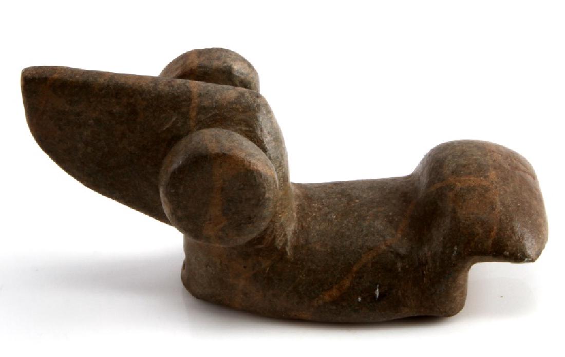 NATIVE AMERICAN WOODLAND STONE POPEYE BIRD EFFIGY: Measures 4 inches long by 1 1/2 inches tall. In very good condition no cracks or chips. This piece was found in Ohio. Ex: John Montague collection.