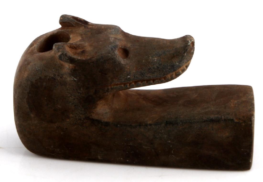 NATIVE AMERICAN CARVED STONE COYOTE HEAD PIPE: Grey stone pipe carved in the shape of a coyote head. Measures 4 inches in overall length. In very good condition.