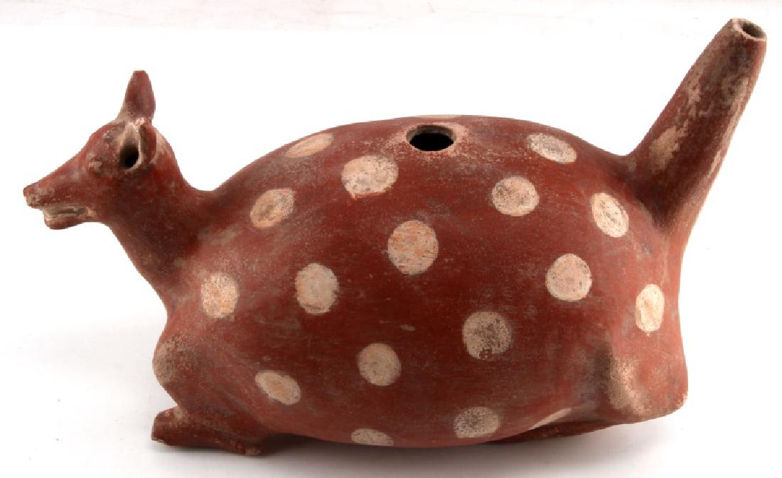 MISSISSIPIAN QUAPAW DEER EFFIGY TEAPOT POTTERY: Large polychrome painted zoomorphic teapot. Measurements are 14x8x9 inches. In good condition with some paint loss and minor chipping to ear tips, nose, toes and tail. Unauthenticated.