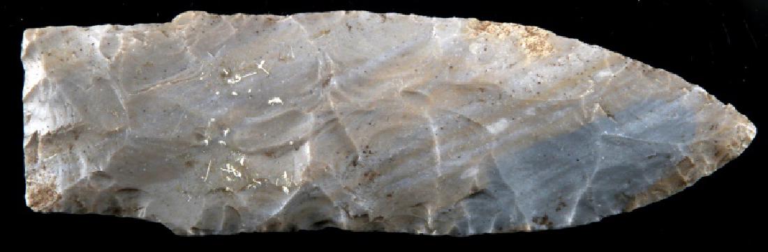 PALEO TO EARLY ARCHAIC SCOTTS BLUFF ARROWHEAD COA: Made of Cobden chert from Calhoun Co., Illinois, measures 4 1/8 inches long, grade 9. Good patination and broad horizontal flaking. Comes with COA from Baker Authentication in Arkansas, dated 03-14-20