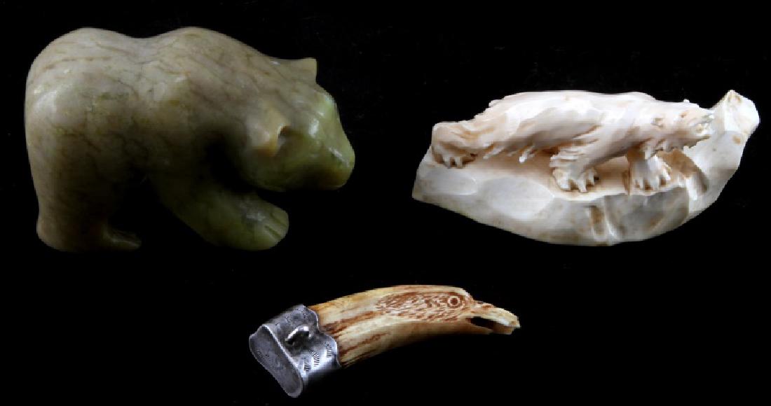 LOT OF 3 NATIVE ANIMAL FIGURUAL SCRIMSHAW CARVINGS: Lot of 3 includes a Inuit signed polar bear from fossilized walrus tusk, 3 3/4 by 2 1/2 inches. Please verify your states shipping laws prior to bidding , will not ship international. Next an eagle he