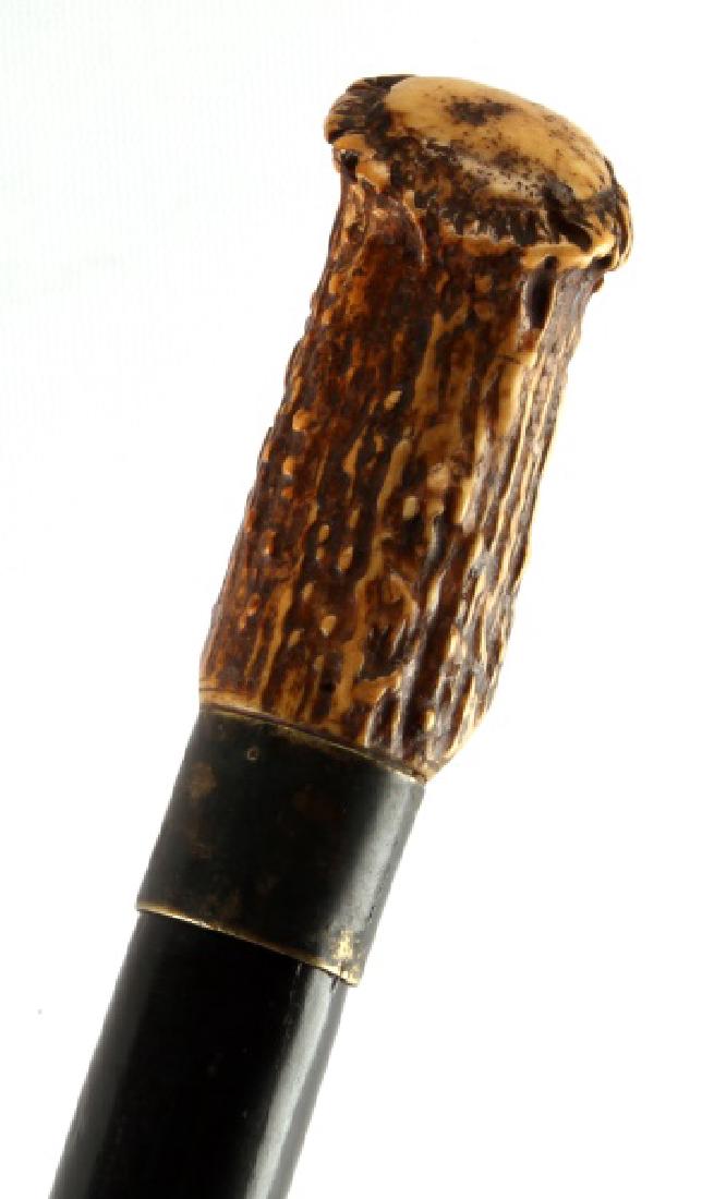 ANTIQUE STAG ANTLER HANDLE WALKING STICK CANE: Antique walking stick, with a stag antler handle, and a thick wooden shaft. Brass collar and upper portion of the ferrule. Measures 37 inches in length. In very good condition, with some tarnish and s