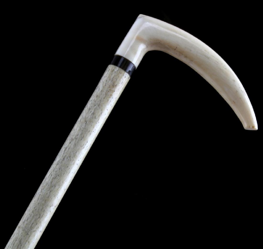 WHALE BONE SHAFT 19TH CENTURY WALKING STICK CANE: Lovely whale bone and tusk handle cane, baleen wrap just below handle, handle measures 4 inches and overall length is 35 inches, ferrule tip is worn but has not affected the integrity of the cane , ni