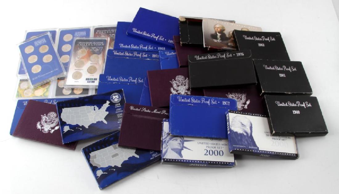 COMMEMERATIVE PROOF & COLLECTABLE COIN LOT: Lot includes United States Poof Set 1968-1972 ( 2 of each), 1976,1977, 1980-1982, 1983, 1985, 1987-1990, 3 sets of 50 State Quarters US Mint Proof Sets of 5 for years 2000, 2003, 2005. Also United Sta