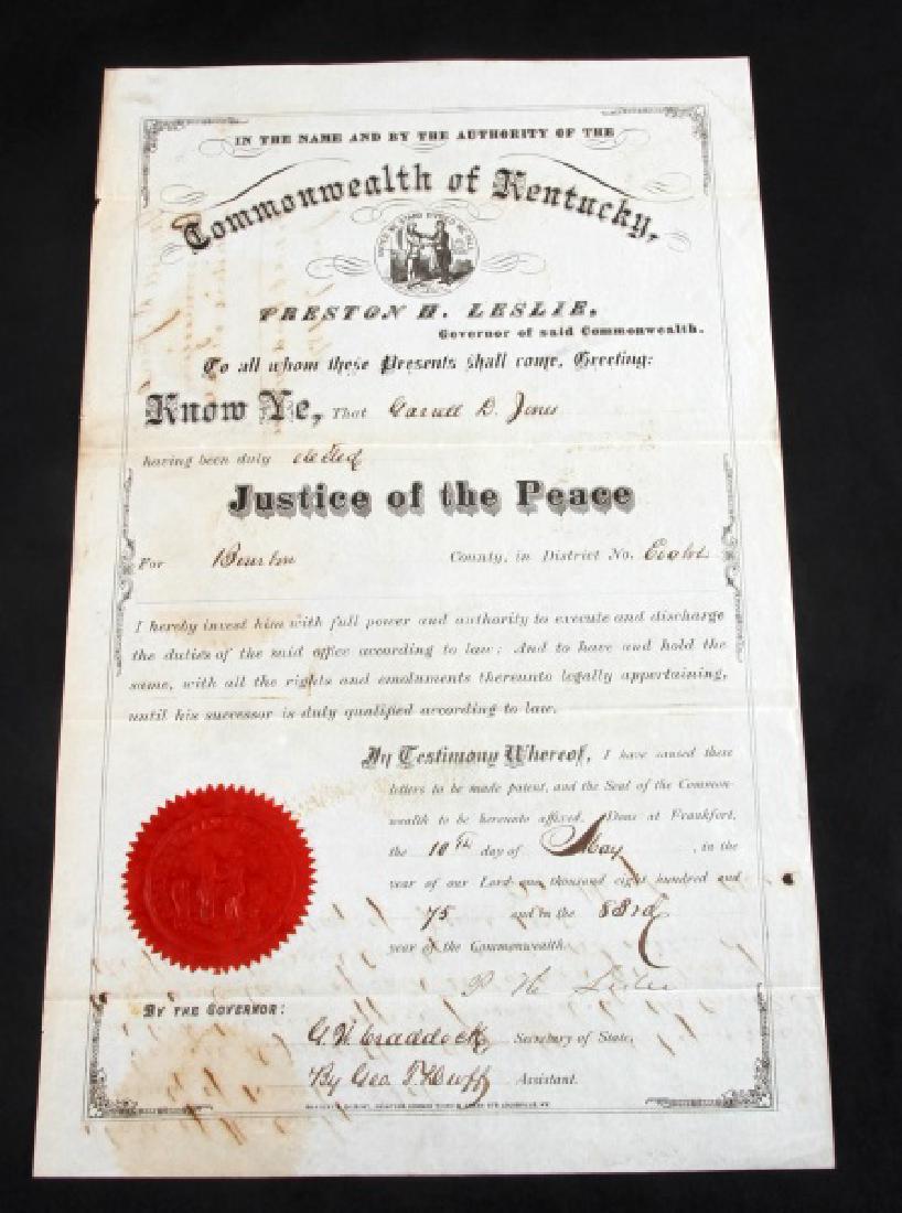 KY GOV PRESTON LESLIE 1ST ELECT BY BLACKS & WHITES: First duly elected Governor by both black and white voters. During his term he regulated the sale of liquor, enacted Legislation to enhance Black education, and amended the court police to accept test