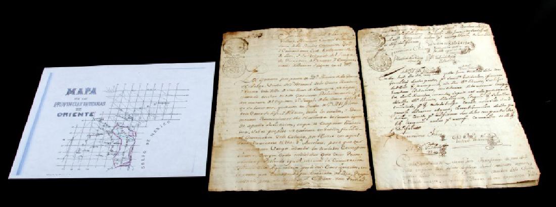 1774 TEXAS SPAIN GOVERNOR 8 PAGE DOCUMENT: From Don Melchor Vidal de Lorca Y Villera, later Governor of Nuevo Santander which included Texas, affirming on behalf of Maria Teresa irrigation rights, 2 complete copies of signed document.