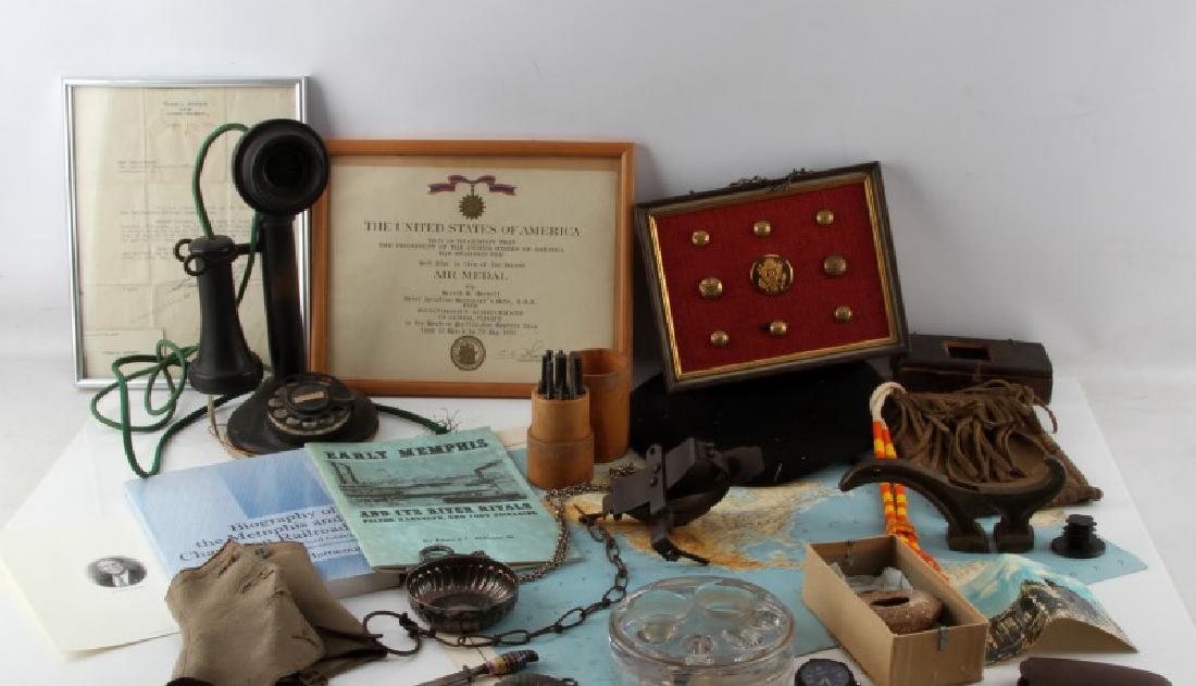 GENERAL ANTIQUE LOT & ECLECTIC CIVIL WAR ERA ITEMS: General Antique lot of eclectic items including: IWF marked antique grating board with hanging hole and a marking on both the wood and the steel grating bit, Candlestick phone by Western Electric made