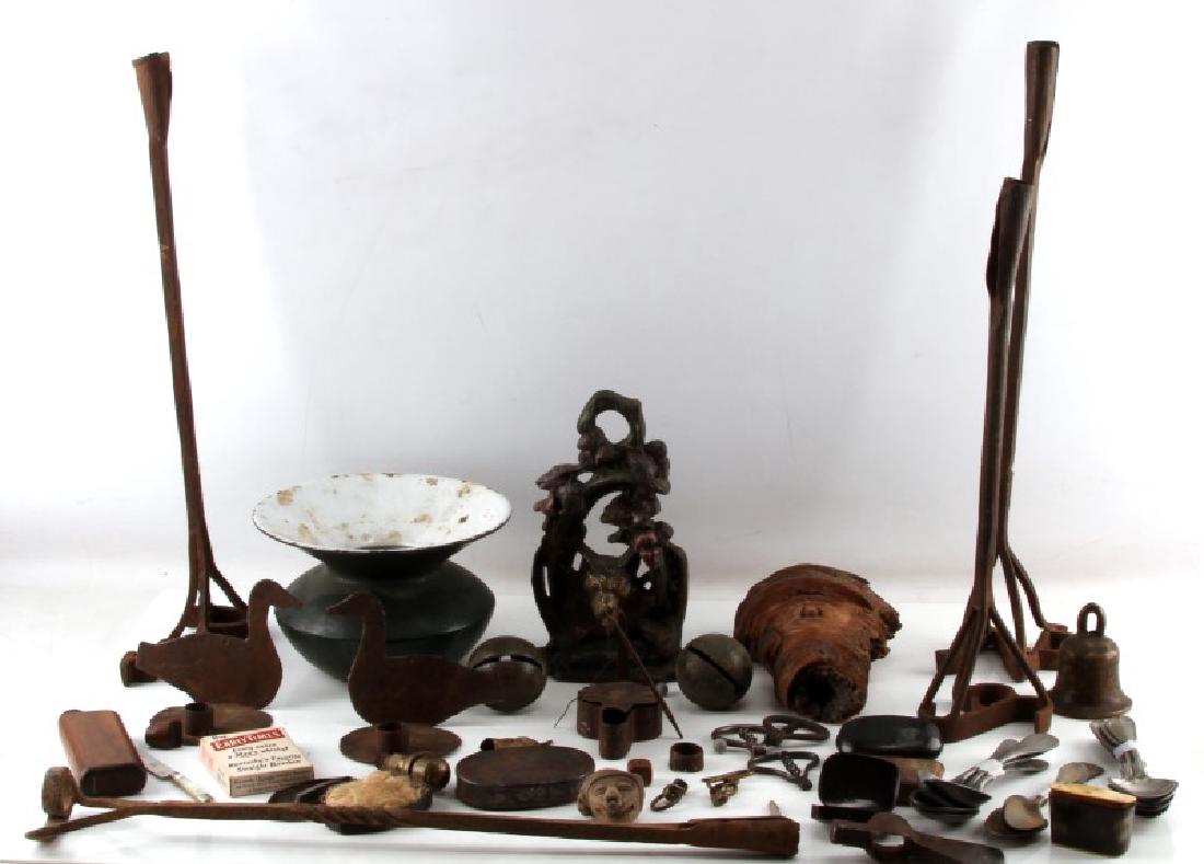 GENERAL ANTIQUE LOT BRANDING SPITTOON & MORE: Varied higher end lot to include cast iron and enameled spittoon, 3 branding irons, crotal bells, horn snuff boxes, tinder box with tinder, Early Time whiskey playing cards, face in tree wood carving,