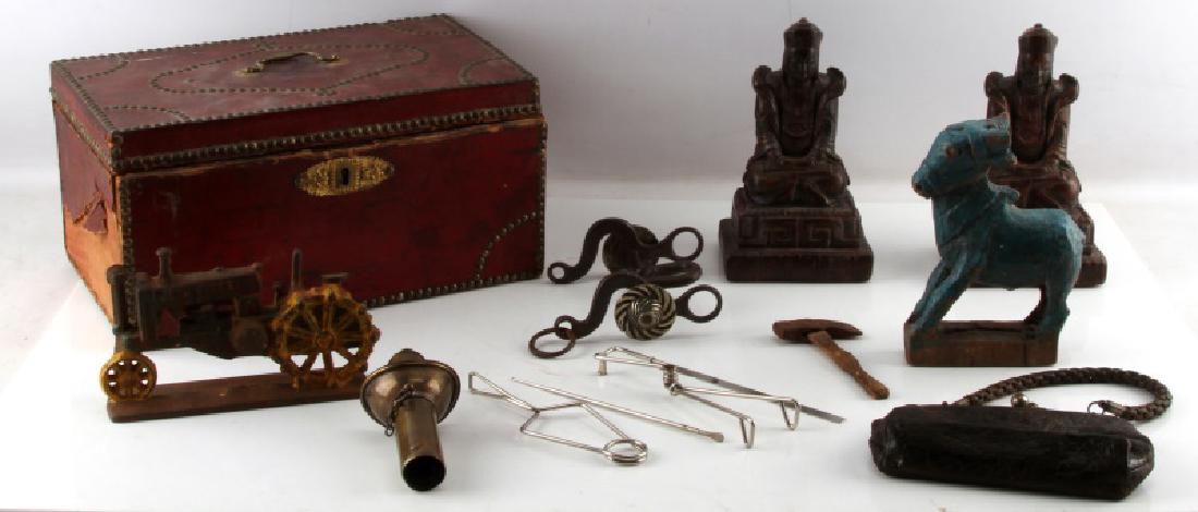 BETTER COLLECTION OF GENERAL ANTIQUES GOOD VARIETY: Includes old storage box thumb nail decorated, small belt ax, early ladies handbag purse, cast iron John Deere door stop, 2 ceramic asian deities, old wood donkey, box of antique medical tools, ships 