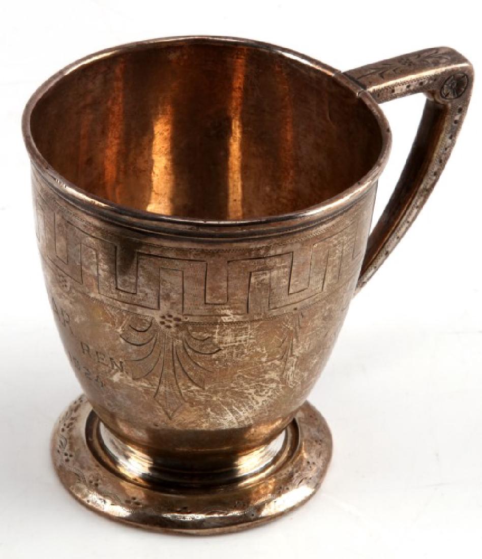 19TH C. GEORGE SHARP BAILEY & CO SILVER CUP: Antique 19th Century Silver cup by George Sharp for Bailey & Co. Crafted of Fine Quality Coin Silver. Features a single handled design with Greek style pattern. George Sharp is an Important Philadelph