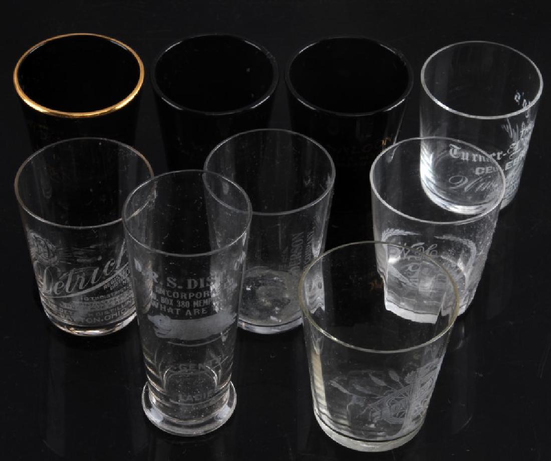 ANTIQUE AND PRE PRO ADVERTISING SHOT GLASS LOT: Lot of 9 includes: Napoleon, 2 P. Wee Saloon Memphis Tennessee, D.R.S Dist. Co. double shot, E.L. Anderson double shot, Old Maid, Turner Looker Windsor Club, W.H. Kirby and Detrich Distilling.