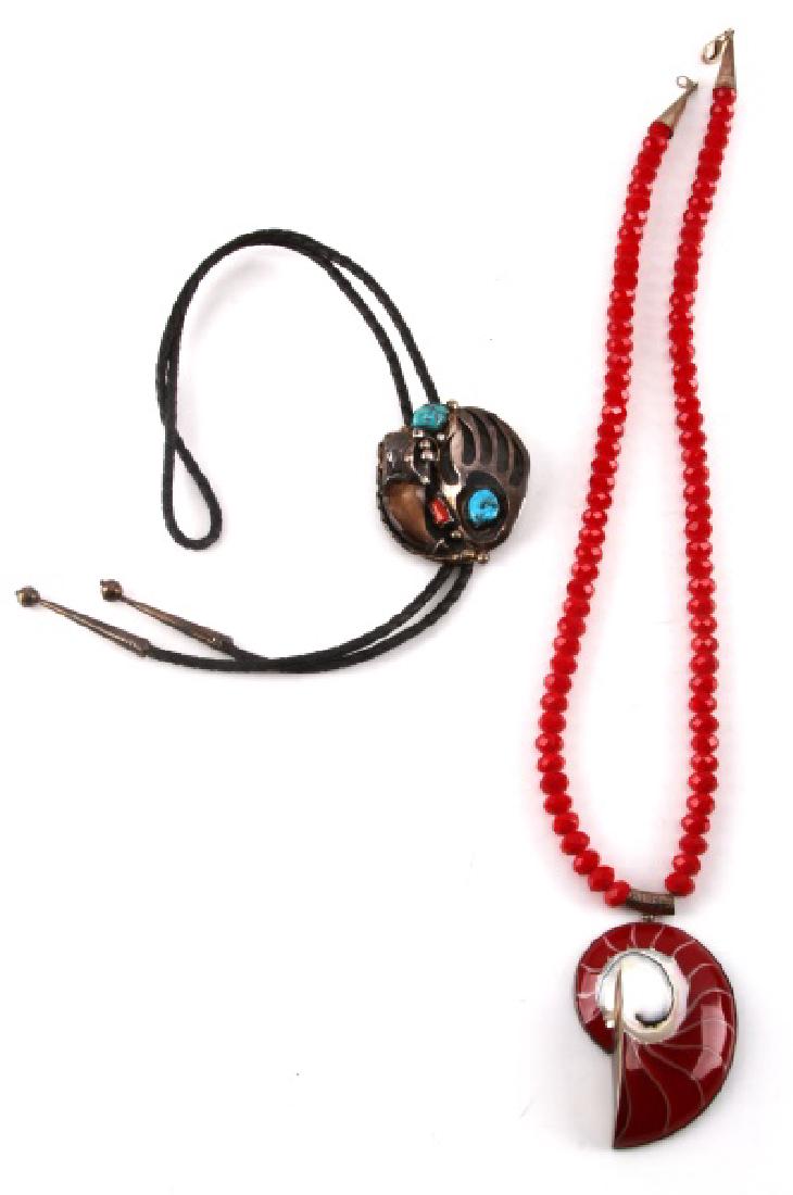 NATIVE AMERICAN BOLO & RED OCEAN SHELL NECKLACES: Old Pawn style vintage Signed TKE on Reverse (TKE listed on Indian Native American Jewelry Artists & Southwest Shops Hallmarks, T to Z registry as name unknown) Bolo is 2 1/2 inches on braided leather