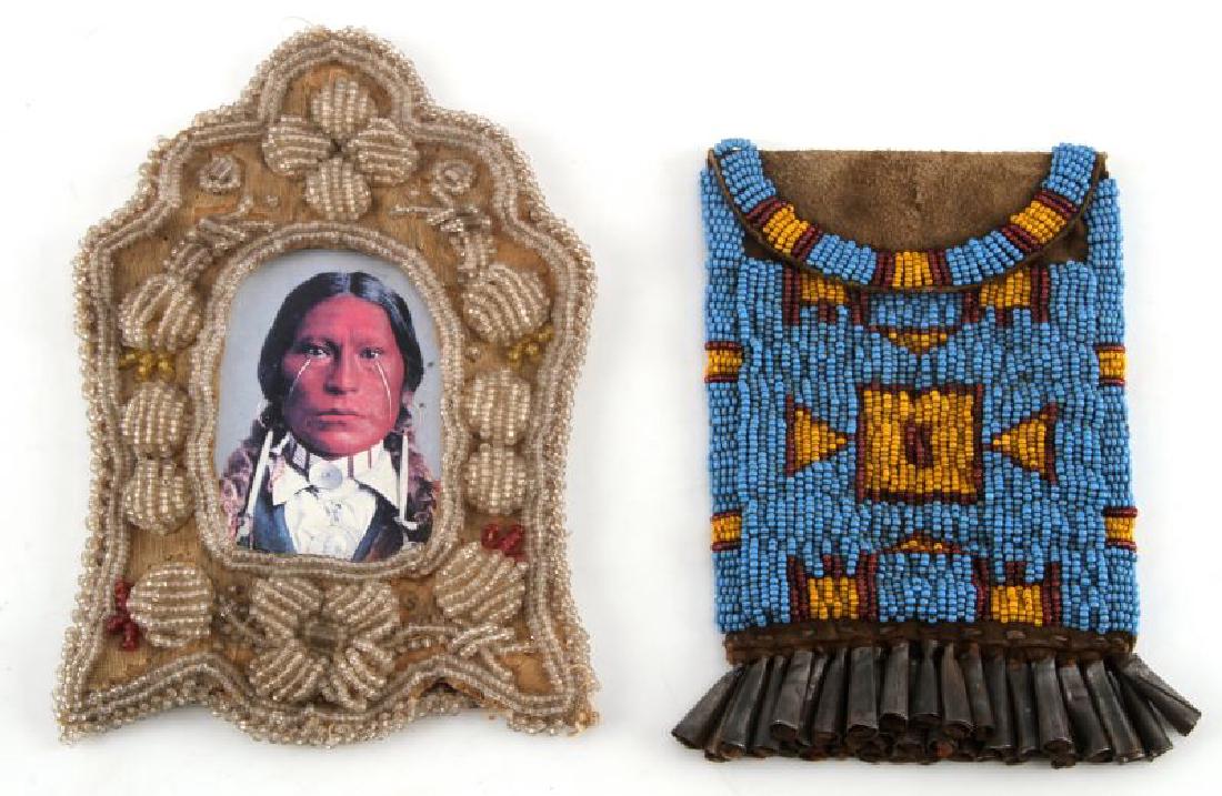 BEADED PLAINS INDIAN MEDICINE BAG AND PHOTO FRAME: Chief James A. Garfield. Jicarilla Apache color photo, T.M. Hawley's Gallery of Art on Reverse, in an antique hand beaded picture frame. It has some bead loss on RL corner 1/1/2 inches along corner se