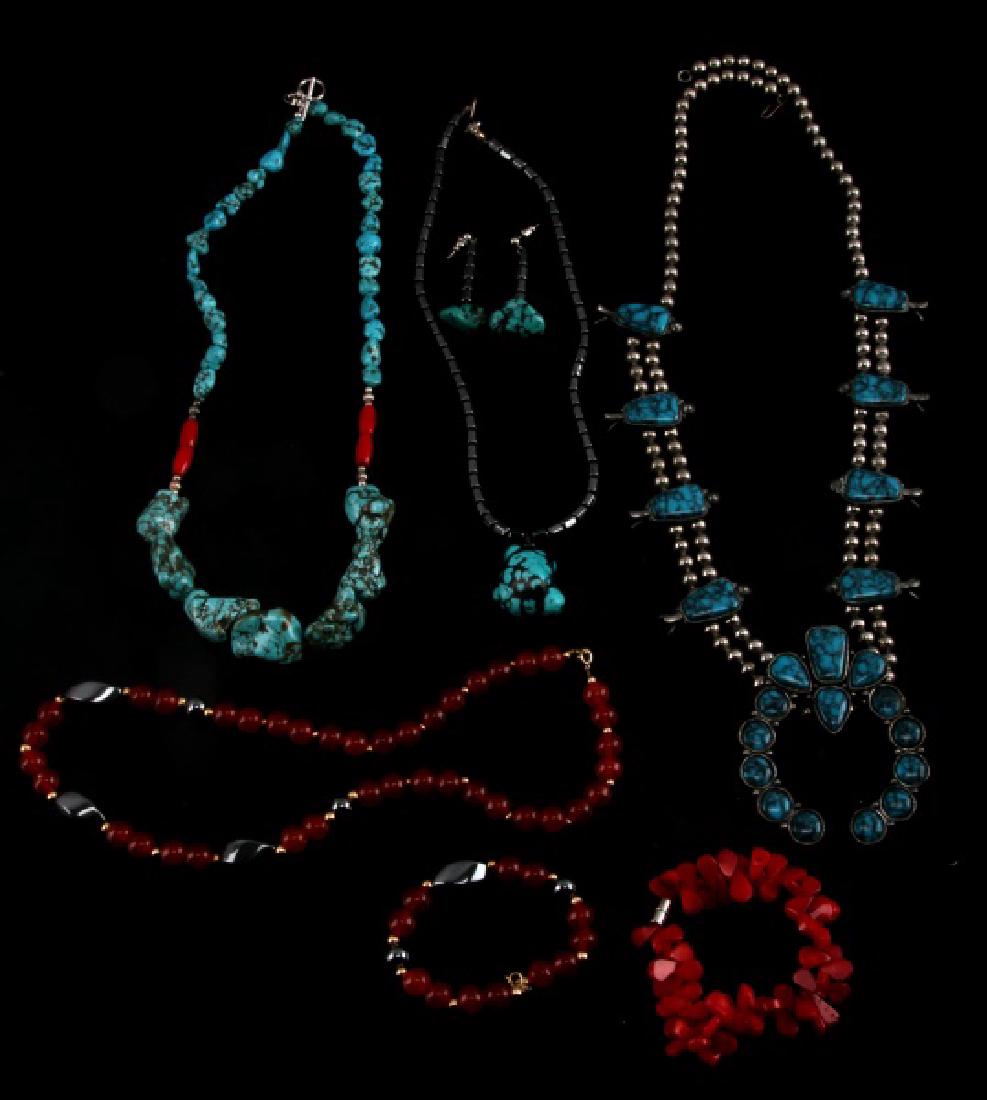 ASSORTED SOUTHWESTERN GEMSTONE JEWELRY LOT: Lot includes 1 carnelian and hematite necklace (20 inches) and bracelet (7 inches) set, 1 turquoise and coral chunk necklace (23 inches), red coral bracelet (7 inches), 1 hematite and turquoise neckla