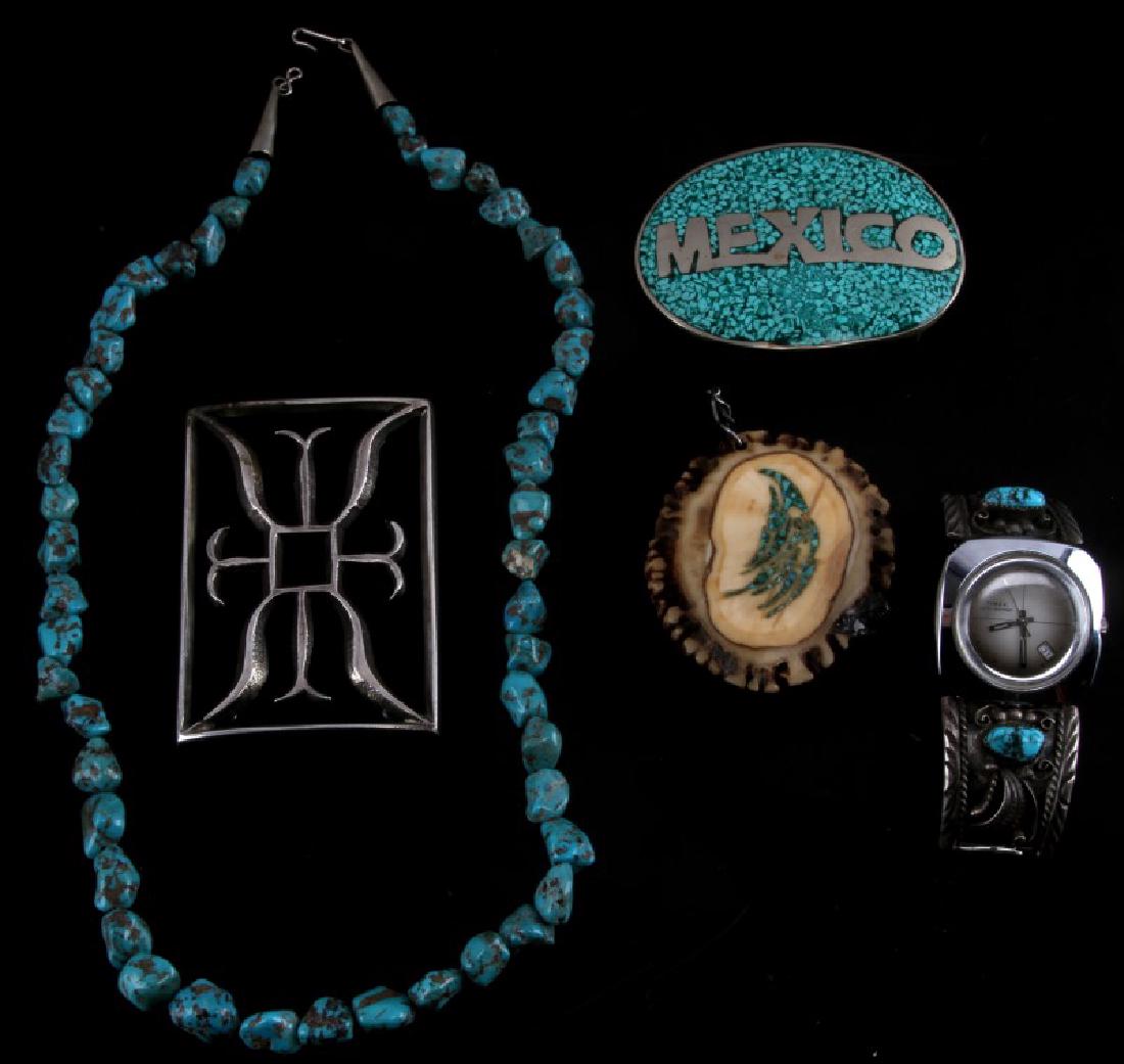 ASSORTED SOUTHWESTERN TURQUOISE SILVER JEWELRY: Lot of 5 includes 1 elk horn pendant with turquoise eagle, 1 working men's Timex watch with partial silver and turquoise band, 1 silver buckle, 1 Alpaca Mexico silver turquoise chip belt buckle and 1 