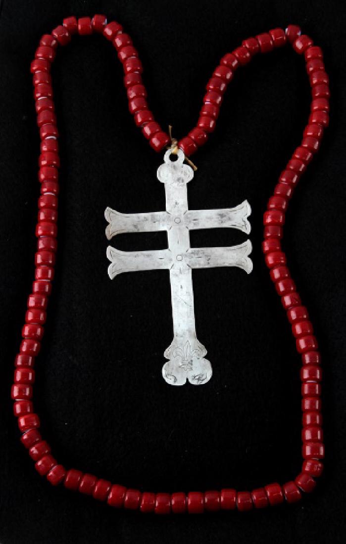 ANTIQUE NATIVE AMERICAN FUR TRADE ERA SILVER CROSS: Silver two-barred Cross of Lorraine from the fur trade with Native Americans. There are no visible maker's marks or hallmarks, but it does have the Fleur-de-Lis of France at the base of the cross. It