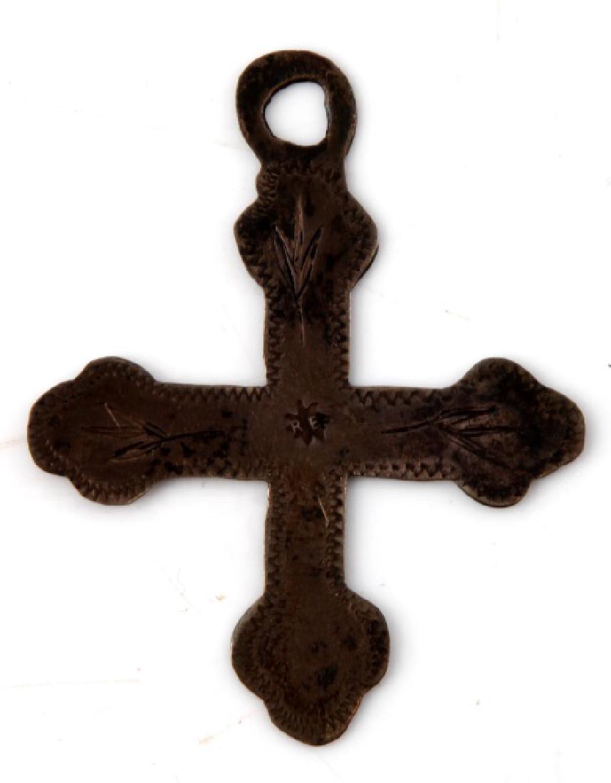 ANTIQUE NATIVE AMERICAN FUR TRADE SILVER CROSS: Silver Greek cross from the fur trade with Native Americans bears a "RB" hallmark stamped on the front and is 2 inches in length. Ex. John Montague Collection