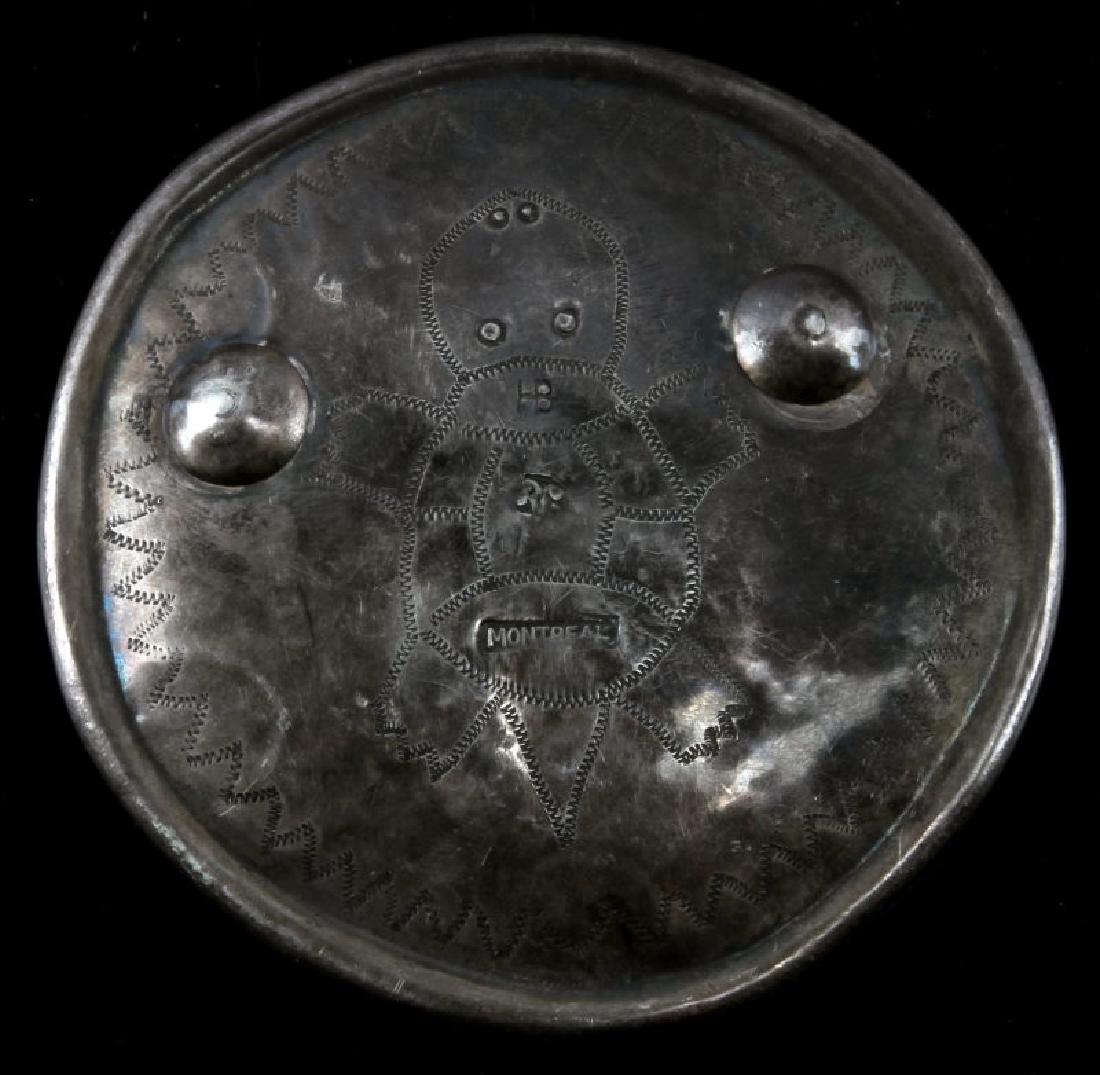 NATIVE AMERICAN ANTIQUE SILVER FUR TRADE PENDANT: Measures 4 inches in diameter. It is in very good condition with a turtle on the front center. It has a HB hallmark on the shell for Hudson Bay and has been tested for silver content. Ex. John Montagu