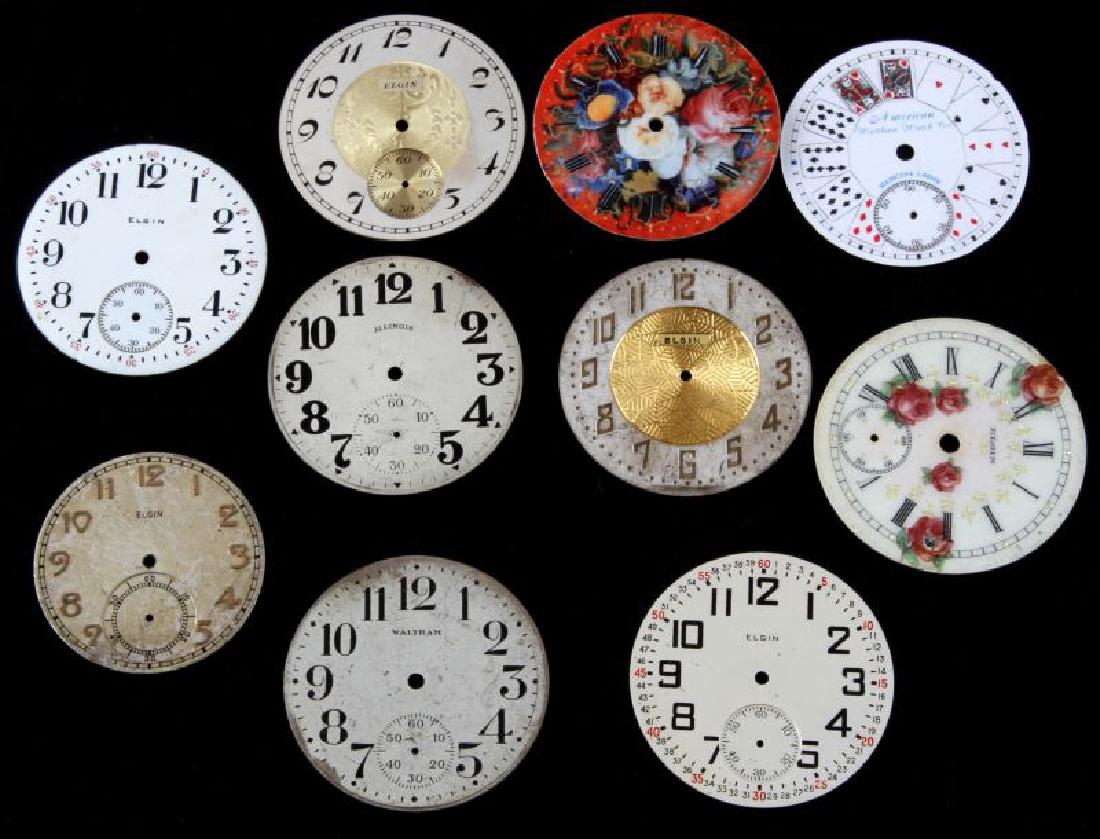LOT OF 10 POCKET WATCH FACE DIAL LOT FOR PARTS: All faces average about 38 mm and includes Elgin railroad, Waltham some porcelain loss, Illinois, Elgin with gilt inlay, Elgin Railroad, Elgin Gilt inlay, Waltham Medicine Lodge Card player, Elgin wit
