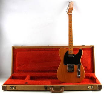 VINTAGE 1956 FENDER TELECASTER UNSTRUNG IN CASE: Some cosmetic dings, scratches, and nics. Approx. 3 inch chip to rear bottom corner that does not affect integrity. Measures 38 inches end to end. No strings. In protective case. Two of three latches