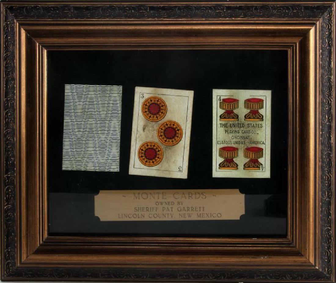 MONTE PLAYING CARDS OWNED BY SHERIFF PAT GARRETT: Framed measures 14 inches wide by 12 inches tall. Has a metal plate that reads MONTE CARDS owned by sheriff Pat Garrett Lincoln County, New Mexico. In very good condition mounted on felt.