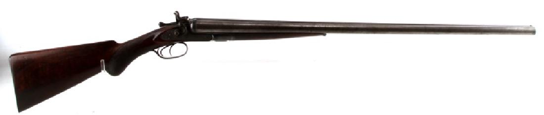 COLT 1878 SXS DAMASCUS 10 GAUGE HAMMER SHOTGUN: 1881 manufacture. 30 inch solid rib Damascus steel barrels, bores are dark and pitted, both lock plates are marked with maker, as well as top rib, checkered wood stocks, beaded sight and steel butt pa