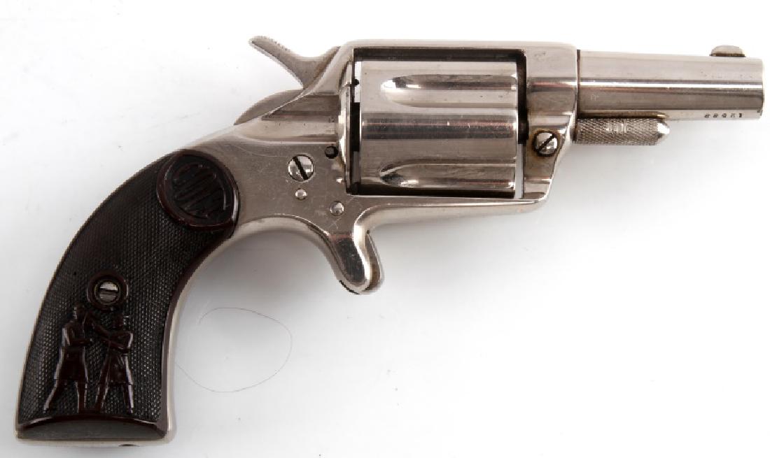 COLT SA HOUSE PISTOL COP & THUG REVOLVER .38 CAL: 1881 production. Nickel finish, 5 shot spur trigger revolver with maker mark to top of 2.25 inch barrel, fluted cylinder, bore is clean and clear, shows a little pitting, Colt checkered hard rubber "C