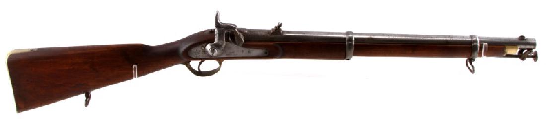 1860 BRITISH ENFIELD PERCUSSION CARBINE .63 CAL: War Department and British proof marks to 21 inch barrel, fittings, and saddle ring, crown over V.R. to lock plate, with 1860 Enfield and broad arrow and number 8. Brass butt, trigger guard, and stock