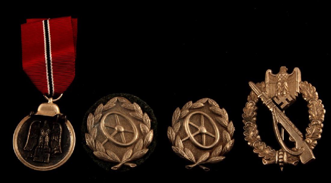 WWII GERMAN THIRD REICH MEDAL AND BADGE LOT OF 4: Includes 2 driver proficiency sleeve badges 1 has Heer backing the other Panzer, Russian front medal, some finish loss, with ribbon, Silver Infantry assault badge with FZ and runic s marke reverse Thi