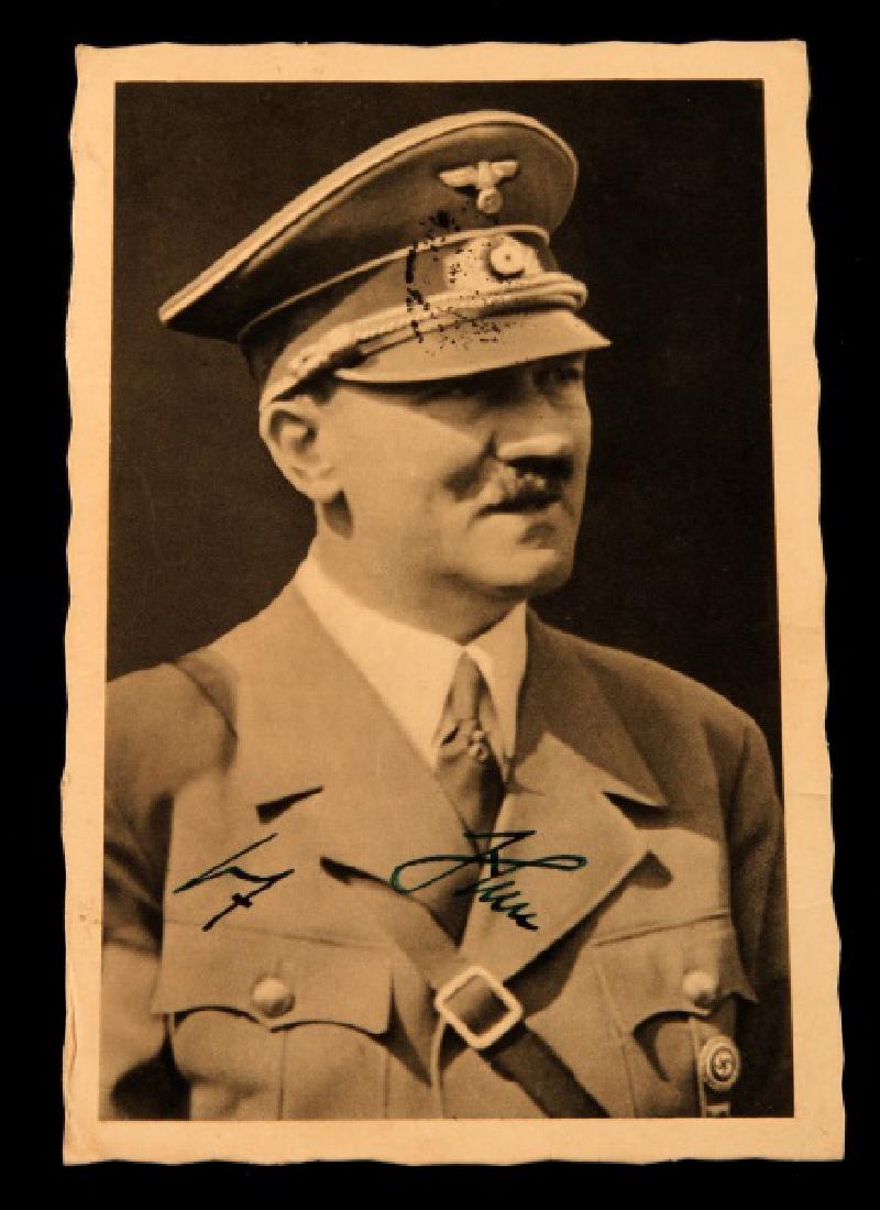 WWII GERMAN ADOLF HITLER SIGNED POSTCARD WITH POST: Postmark dated 1939, with stamp, deemed authentic.