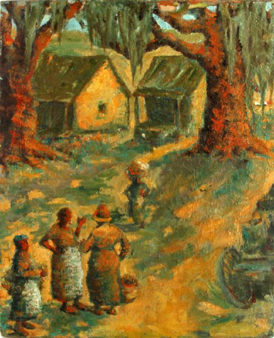 ALICE SCOTT SCANLAND OIL PAINTING AMERICAN SOUTH: Signed on Reverse of frame. Highly textured impressionist oil painting depicting Early 20th century American South scene. Measurements are 30 by 24 inches. There is some cracking, center bottom with p
