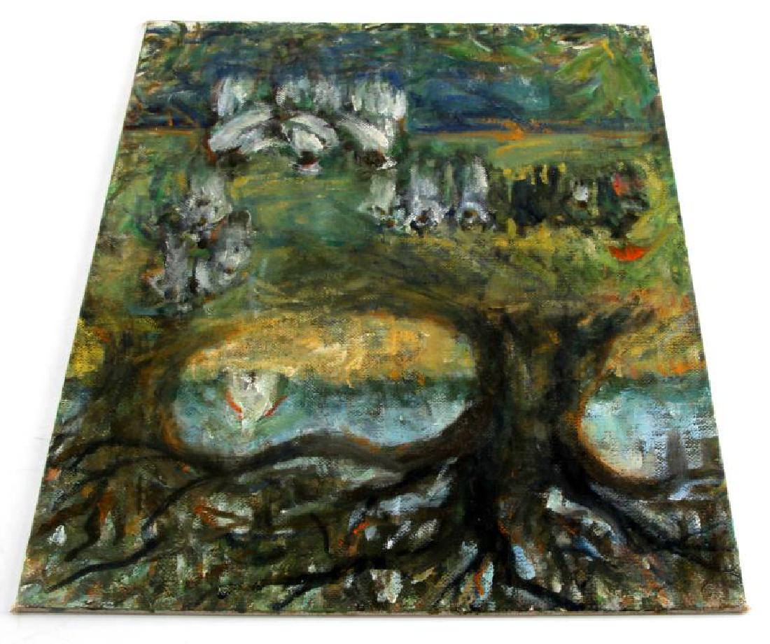 UNSIGNED ALICE SCOTT BLACK AMERICANA PAINTING: Provenance: direct from family. Oil on board impressionist painting of Black Americana Southern Revival and Baptism Ceremony. Measurements are 16 by 12 inches.