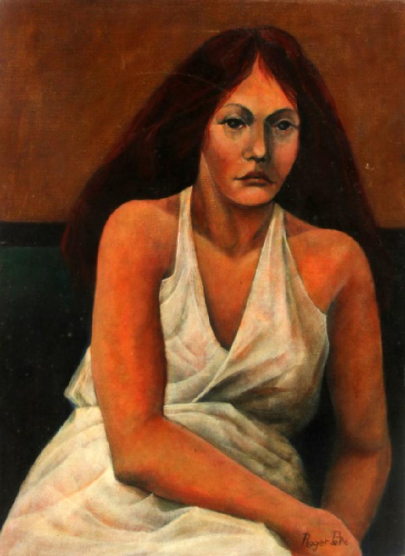ROGER PODE VINTAGE FEMALE PORTRAIT PAINTING: Oil on canvas female portrait signed LR corner Roger Pode measuring 24 by 18 inches.