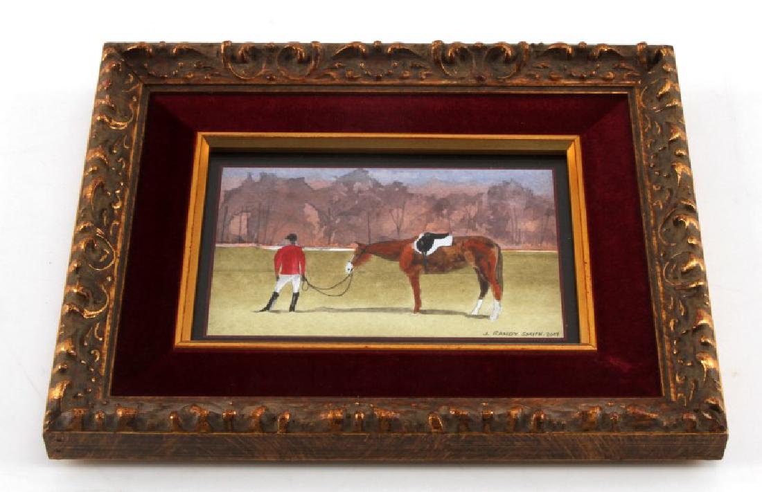 J RANDY SMITH EQUESTRIAN WATERCOLOR PAINTING: Miniature horse and rider scene in watercolor, framed and measuring 7.5 by 9.5 inches. in excellent condition signed and dated LR corner.