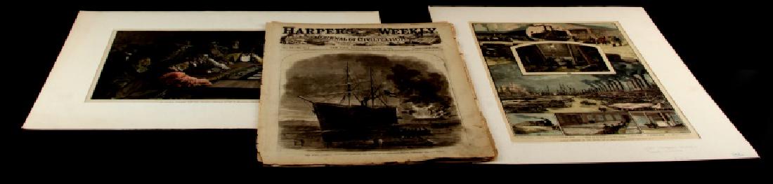 19TH CENTURY HARPERS FERRY NEWSPAPER ETCHINGS LOT: 1861, 1862, 1883, 1899 Harpers Ferry. Lot has 5 nautical themed newspaper pages. Then a hand colored etching titled "A Faro game at El Paso" drawn by W.A. Rogers. Along with a hand colored etching tit