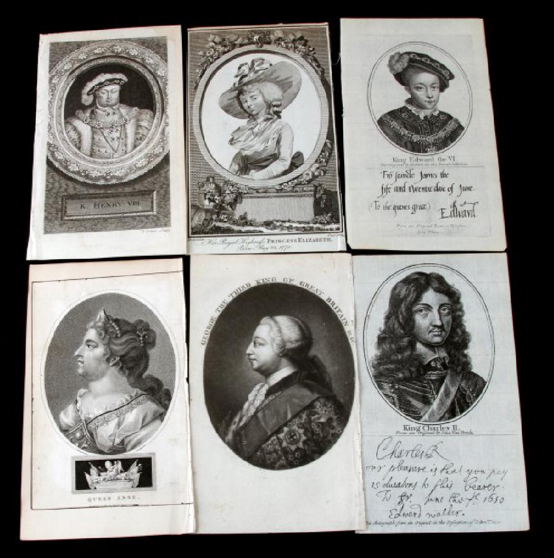 GEORGIAN VICTORIAN ETCHINGS OF BRITISH ROYALTY: Various 18th and 19th century etchings of the English Royal Family including Henry the VIII, Princess Elizabeth, George III, Edward VI, Charles II and Queen Anne all in good condition with some foxing