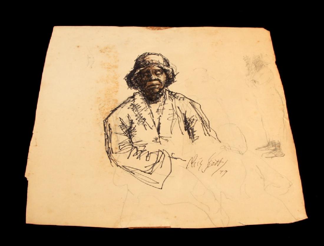 ALICE SCOTT STUDIO SKETCH PENCIL AND INK DRAWING: Alice Scott Scanland or Alice Scott (1924-2005) American artist well known for her depictions of the South. Pencil, pen and ink sketch on paper, signed and dated '79 in LR corner. Measurements are 12 