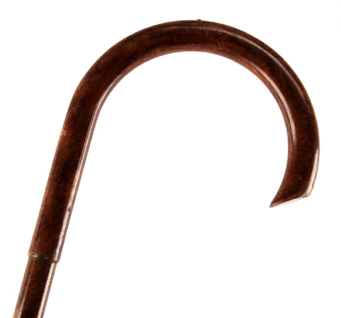 ANTIQUE POLISHED BURL WOOD WALKING STICK CANE: Very nice burl wood veneer cane, some loss on handle but over 90% intact, original ferrule tip measures 35 inches. Face, Dial, Hands: john