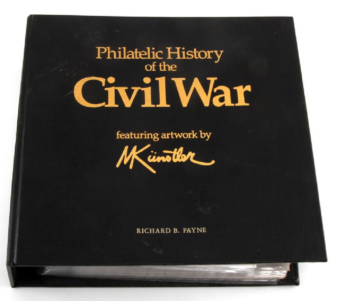 PHILATELIC CIVIL WAR HISTORY RARE FDI COVER ALBUM: Postal Commemorative Philatelic History of the civil war leather bound gilded cover album by the Postal Commemorative Society featuring art by Mort Kuntsler, written portion by Richard B. Payne. The p