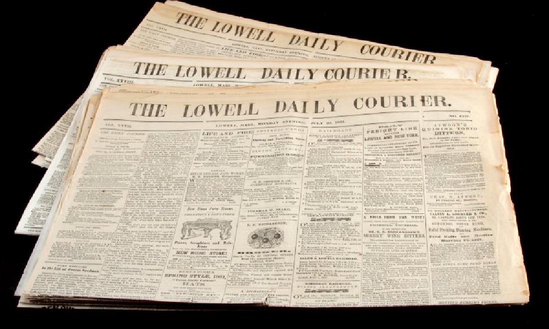 1861 & 1864 THE LOWELL DAILY COURIER NEWSPAPER LOT: Several Lowell Massachusetts evening posts from 1861 and 1864. They are legible, in good condition with tear in center of pages along crease 1 inch in length.