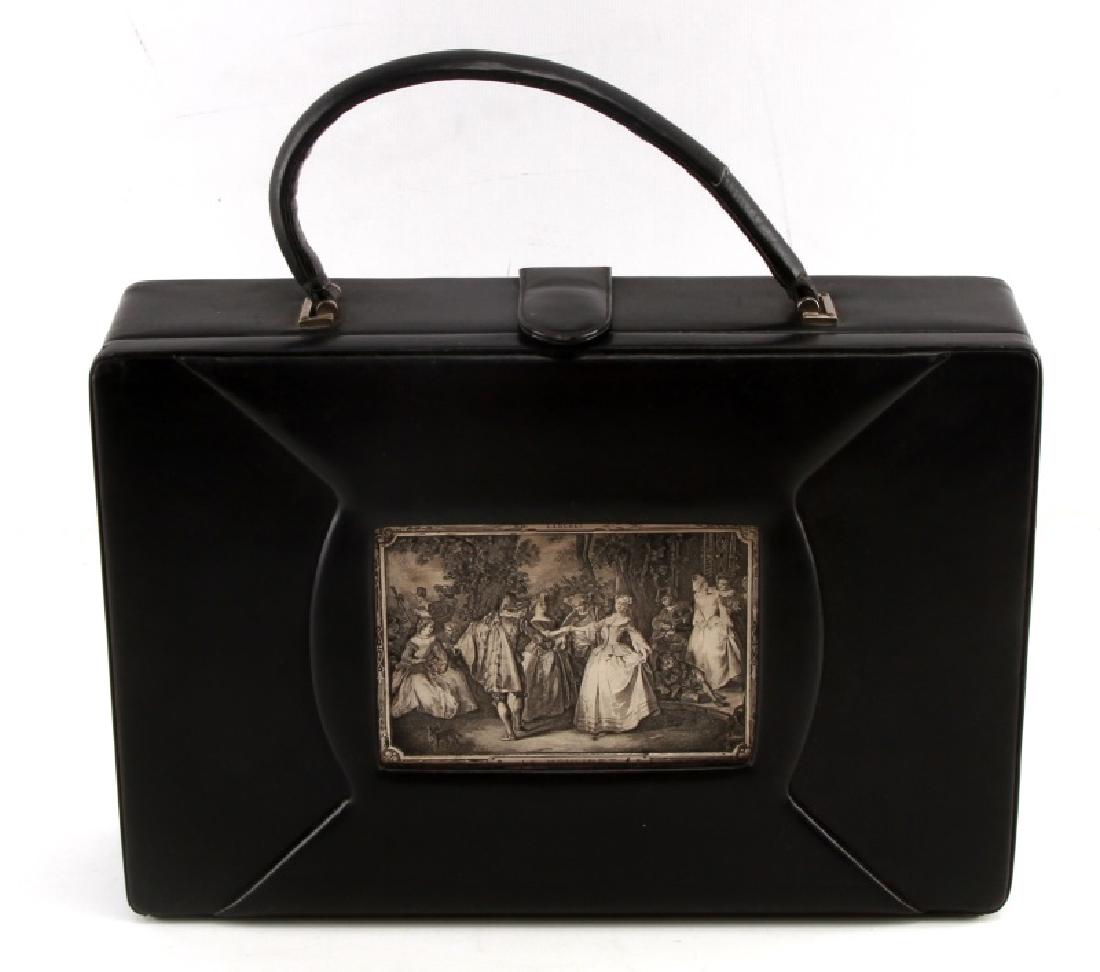 VINTAGE ROSEFELD BLACK PRINTING PLATE BOX PURSE: Plate reads Lancret and Le Moulinet with French 17th-18th century party scene. Measurements are 9x13x3 inches Handle has a tear on right topside.