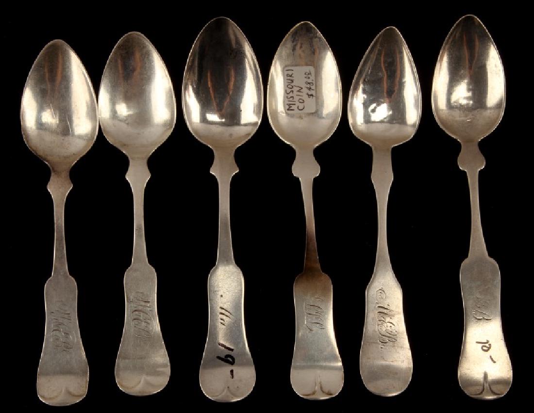 MIXED SET OF 6 COIN SILVER TEA SPOONS ST LOUIS: Mixed set of 6 antique coin and sterling silver tea spoons. Makers include Crane, Custer, Jaccard, and Beauvals. All measures either 6" or 5 3/4" in length. Weight in total is 97 grams. All in VG cond