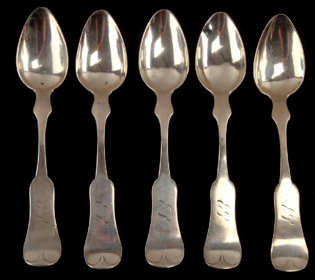 SET OF 5 COIN SILVER TEA SPOONS MEAD ST LOUIS 1850: Set of 5 coin silver tea spoons. Made by Mead of St. Louis as stamped on underside of handle. Circa 1850. Each displays a faded monogram on handle that is non-legible. Spoons have been polished and ar