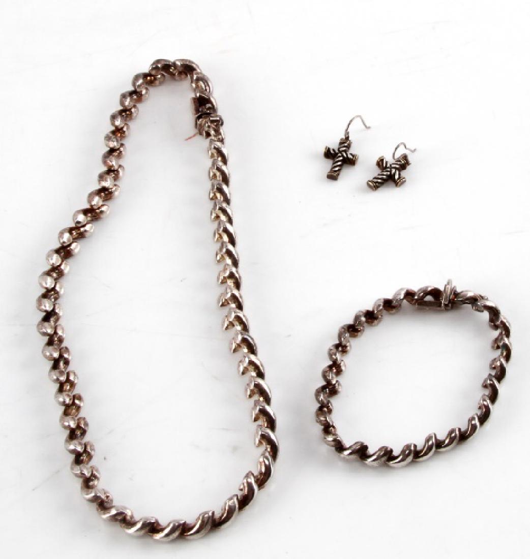 STERLING SILVER NECKLACE BRACELET EARRING JEWELRY: Lot includes: Matching 16 inch necklace with 7 inch bracelet marked 925 Italy and 1 pair of cross earrings.