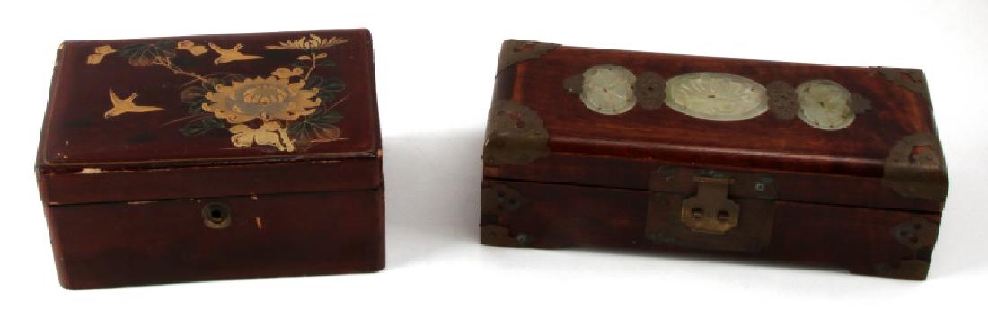 VINTAGE ASIAN WOOD BRASS LACQUER JEWELRY BOX LOT: Lot of 2 includes wood with etched brass mounts and carved medallion inlays, comes with lock but not key , in good condition. Second is a traditional lacquer box with floral painting. There is some lo
