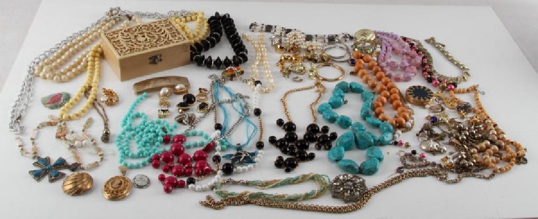 VINTAGE COSTUME JEWELRY LOT W CORO MONET LAUDER: Costume jewelry lot includes Monet, Coro, Estee Lauder, Goody USA, PIM, Premier USA and Japan signed pieces. Weight 3.3 pounds with some single earrings, some broken pieces. Includes small jewelry box
