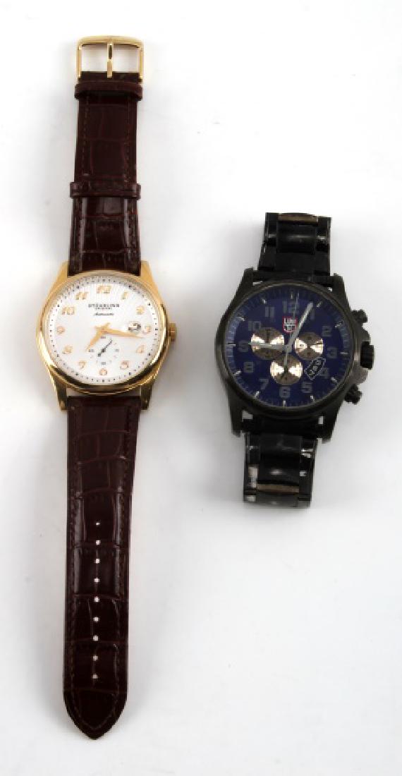 LUMINOX BLACK SAPHIRE & STUHRLING LEATHER WATCH: Luminox 1880 series black sapphire air coated watch. Features a blue face and is water resistant up to 100 meters. Non-running, fair condition. Also included in the lot is a Stuhrling automatic leathe